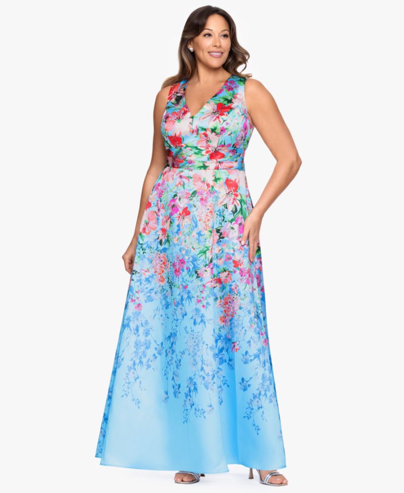 Plus Size Floral Print V-Neck Sleeveless Gown