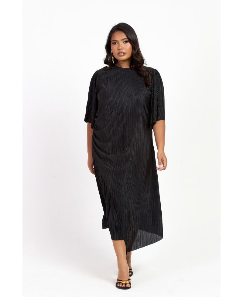 Women's FASHION-SZN Ruched Side Flutter Sleeve Midi Dress