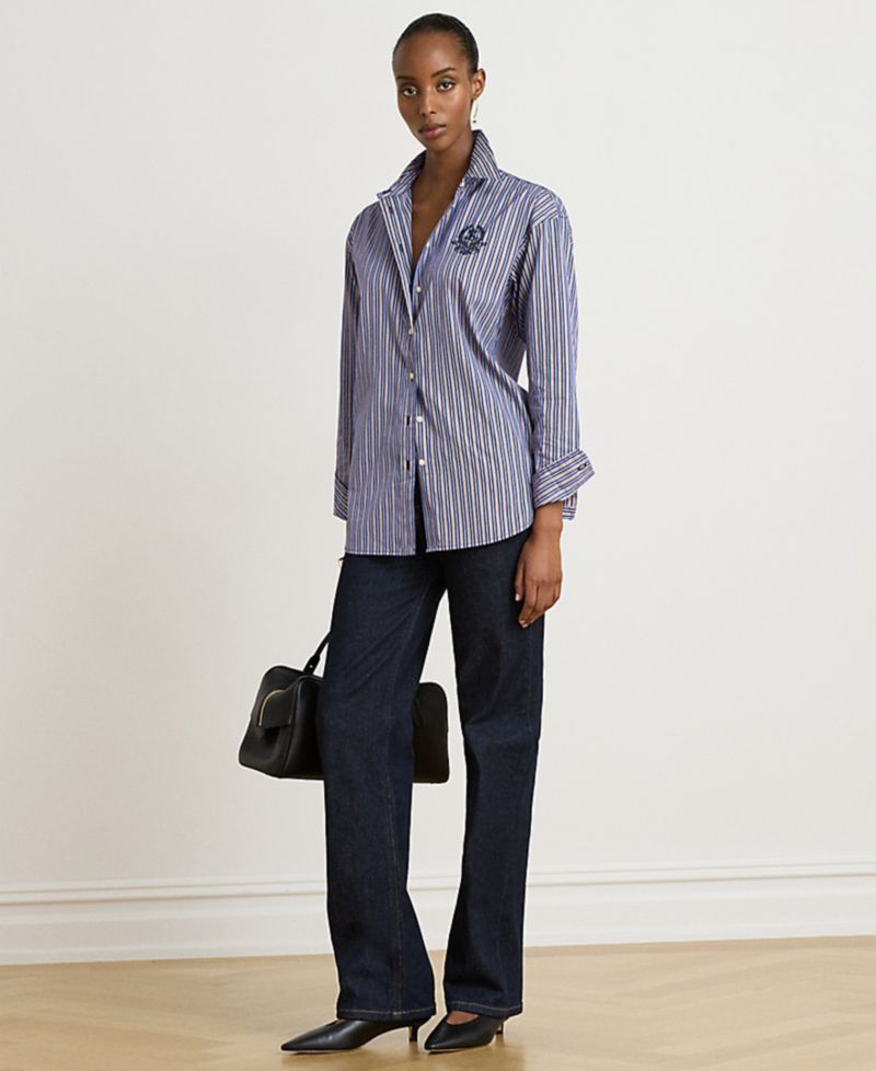 Petite Striped Point-Collar Relaxed-Fit Button-Down Shirt