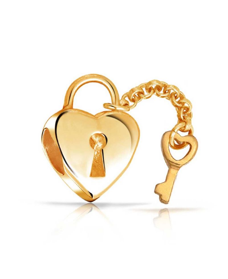 .925 Sterling Silver Heart Shape Lock and Key Charm Bead Two Tone Gold Plated for Bracelet
