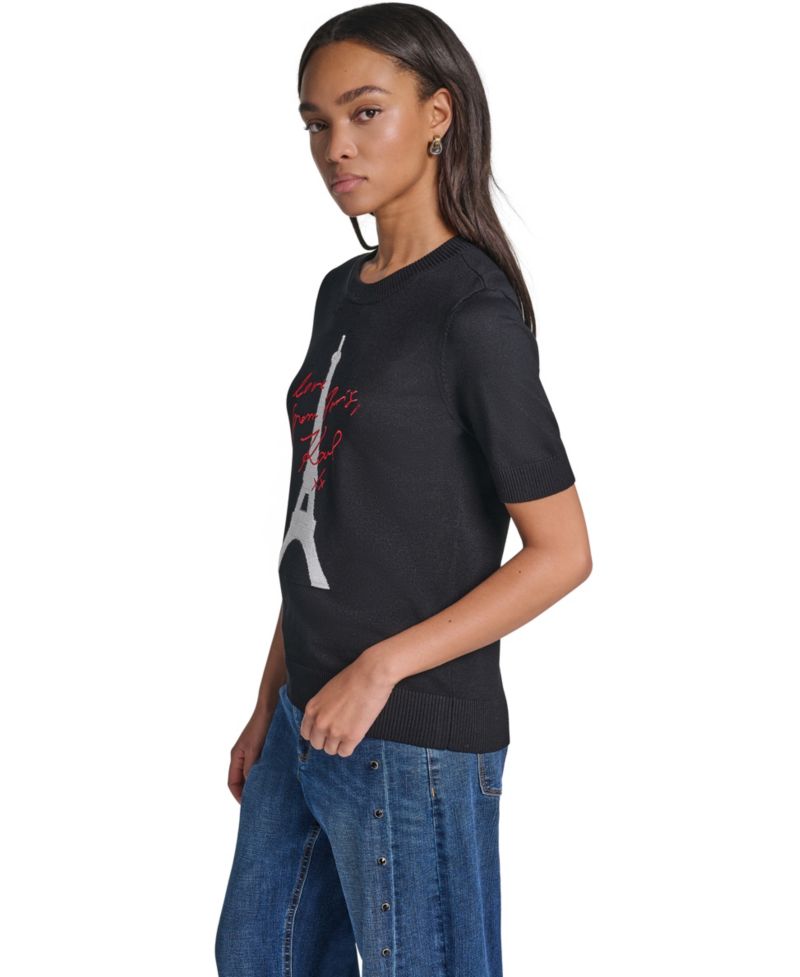 Women's Eiffel Tower Crewneck Short-Sleeve Sweater