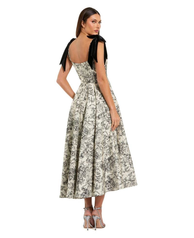 Women's Floral Brocade A-Line Midi Dress with Bow Straps