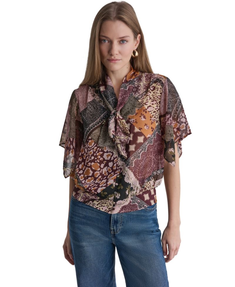 Women's Bow Neck Mixed Print Short-Sleeve Blouse