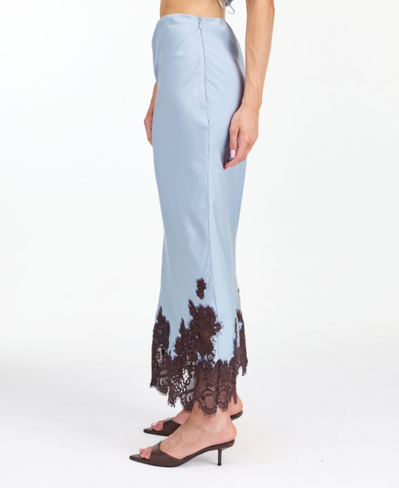 Women's High-Waisted Crepe Satin Maxi Skirt with Lace Trim
