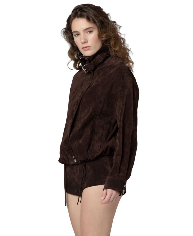 Women's Midnight Drift High Collar Suede Bomber Jacket