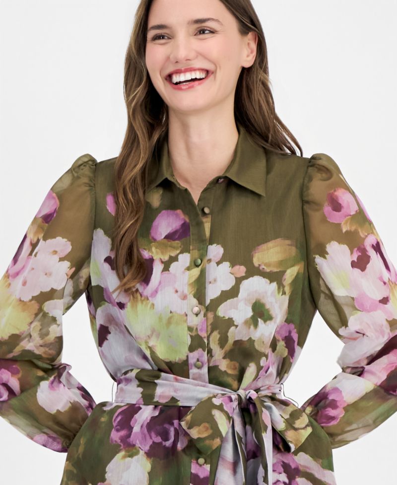 Women's Tiered Chiffon Tie-Waist Shirtdress