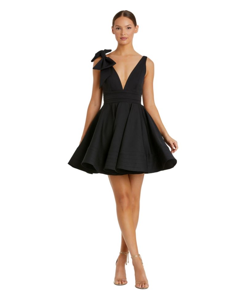 Women's Crepe Sleeveless V Neck Mini Dress With Bow