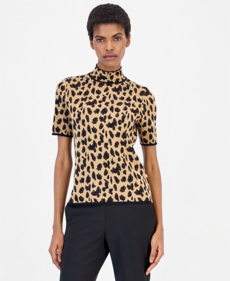 Petite Animal-Print Mock-Neck Short-Sleeve Sweater