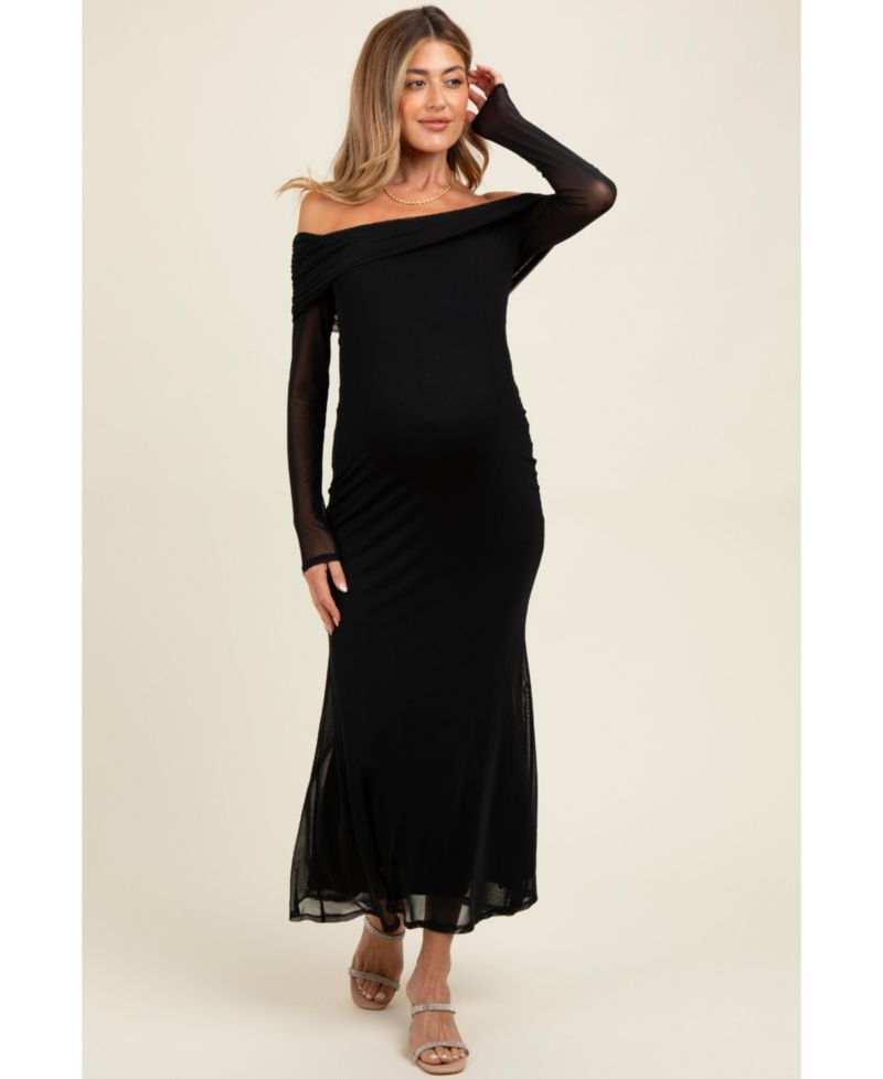 Women's Black Mesh Overlay Off Shoulder Long Sleeve Midi Dress