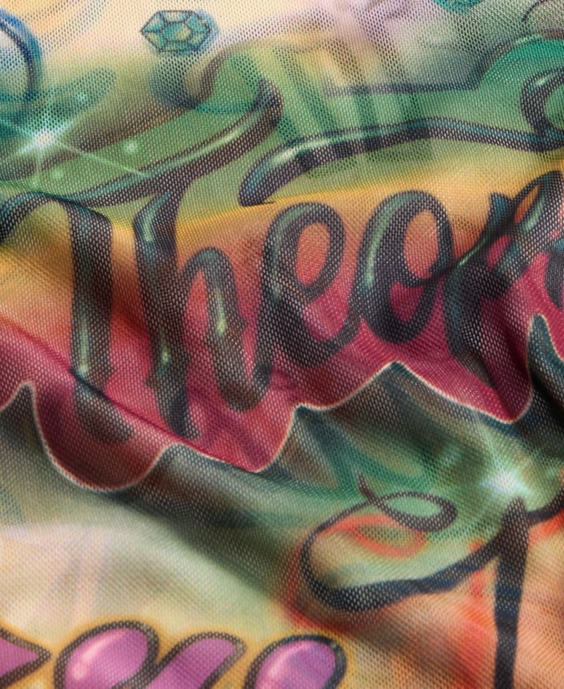 Women's Graffiti Print Sheer-Mesh Long-Sleeve Top
