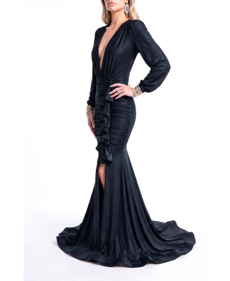 Women's Plunging V-Neck Long-Sleeve Mermaid Gown