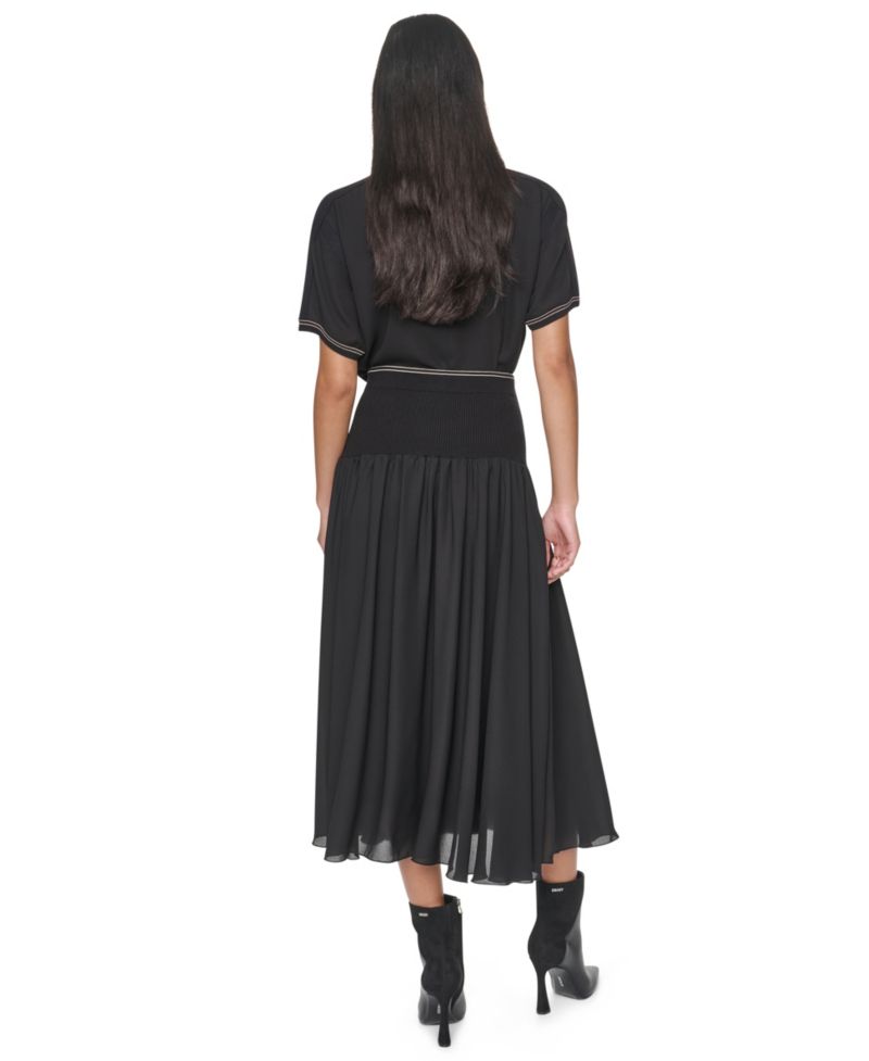 Women's Contrast Stitch Mixed-Media High-Waisted Midi Skirt