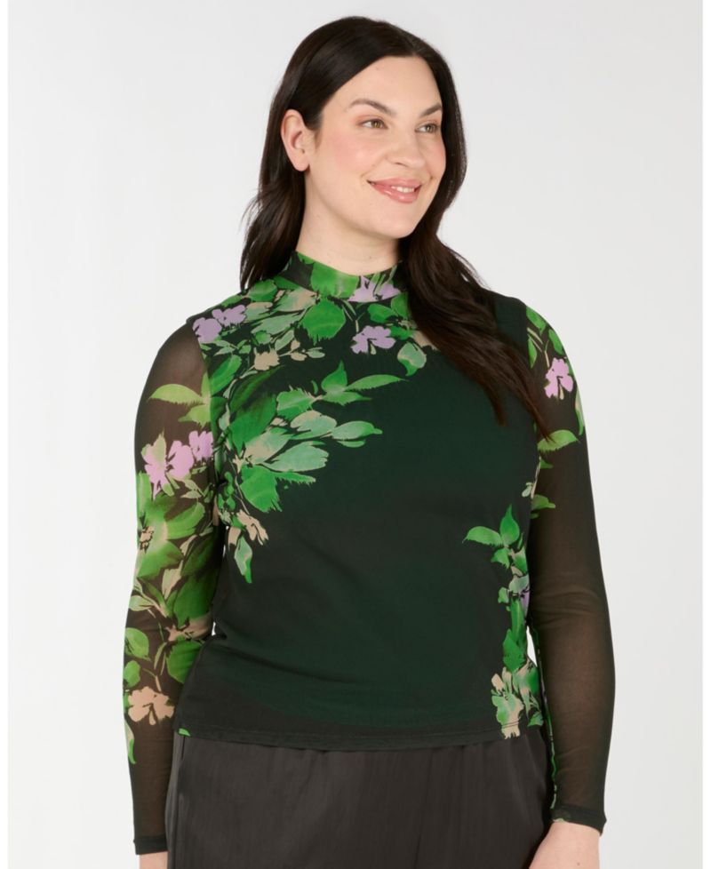 Women's Fiora Floral Sheer Long Sleeve Mock Neck Mesh Top