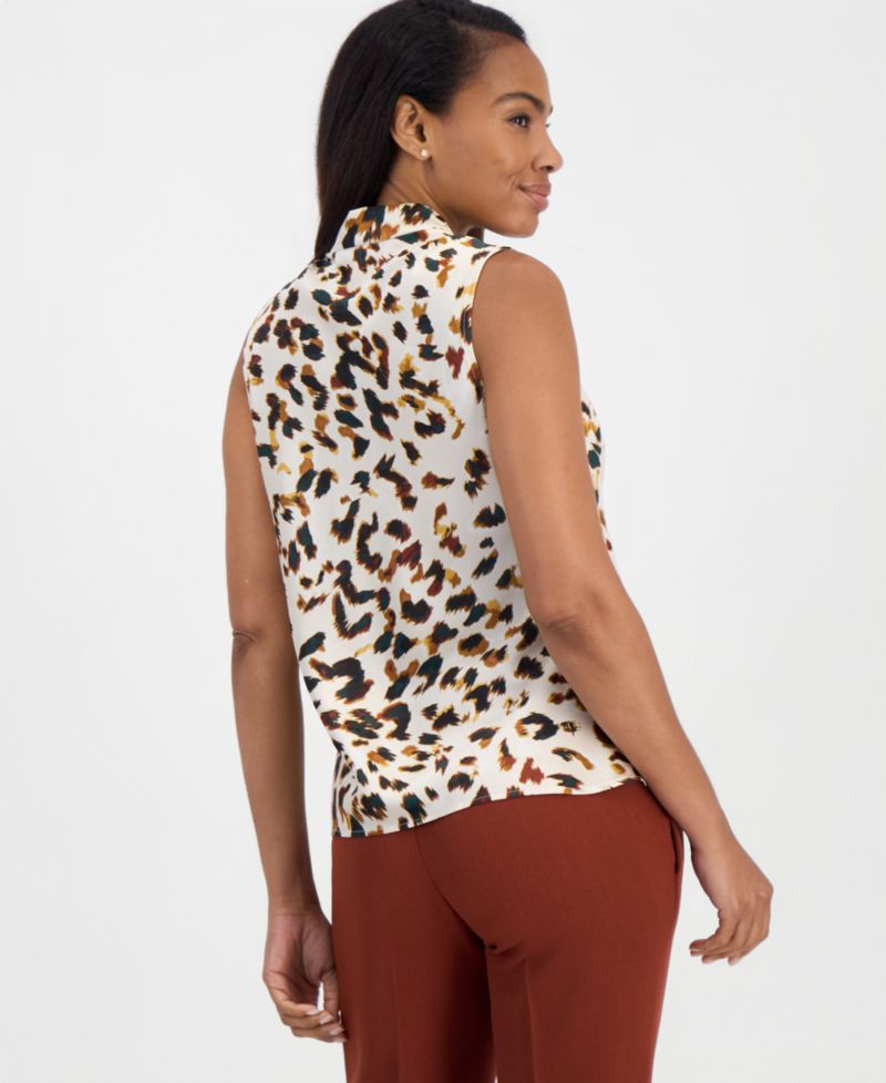 Women's Tie-Neck Satin Animal-Print Blouse