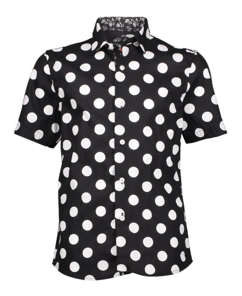 Big Boys Black Short Sleeve Navy Polka Dot Slim Fit Shirt