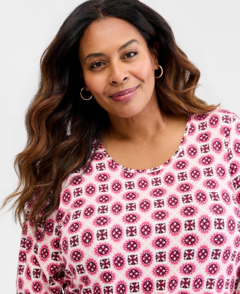 Petite Aria Tile Geometric-Print 3/4-Sleeve Scoop Neck T-Shirt