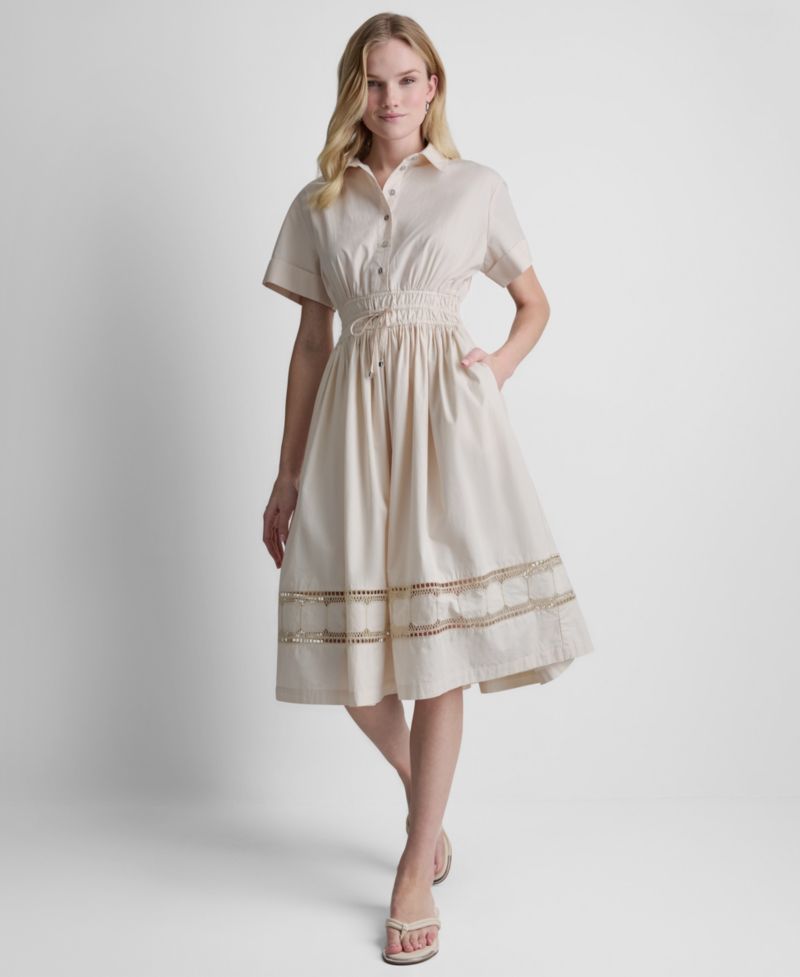 Women's Embroidered Short-Sleeve Cotton Shirt-Dress