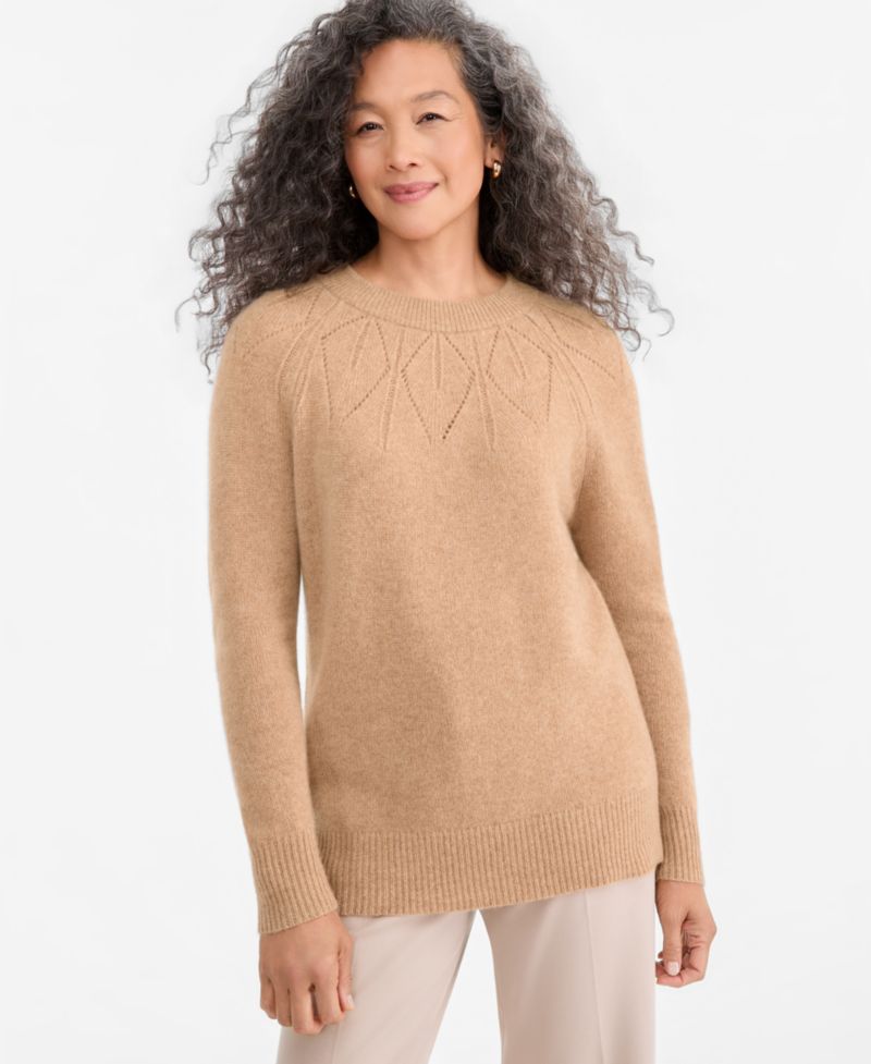 Women's Placed-Pointelle Crewneck 100% Cashmere Sweater
