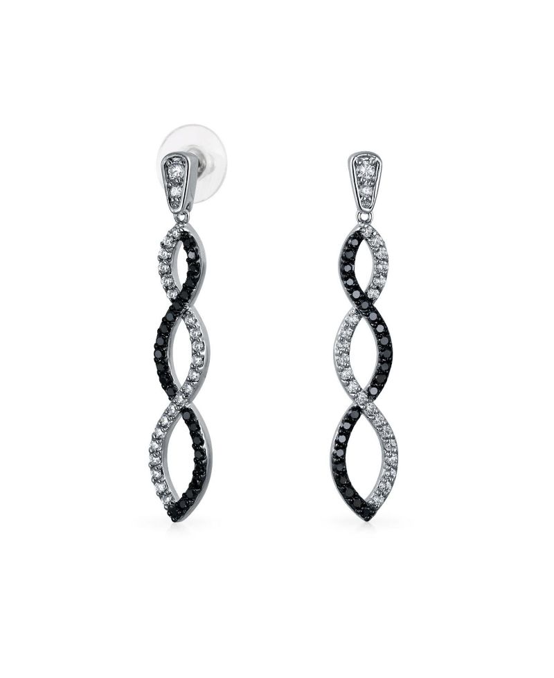 Elegant Cocktail Pave CZ Black and White Twist Long Infinity Drop Earrings