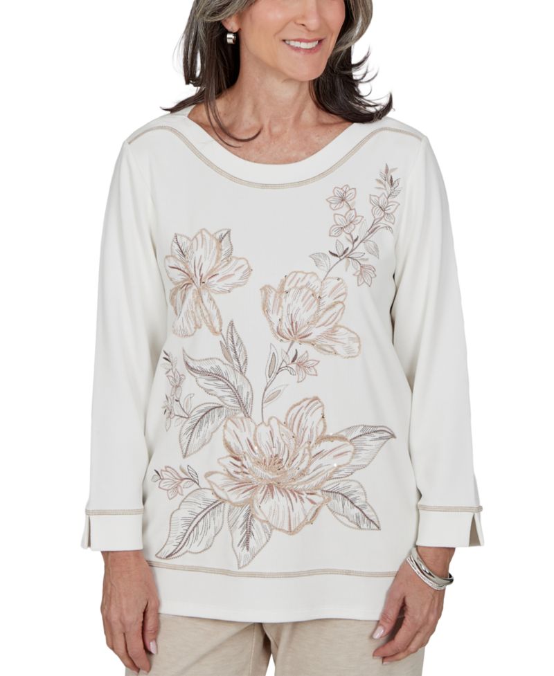 Petite Floral 3/4-Sleeve Side-Slit Blouse