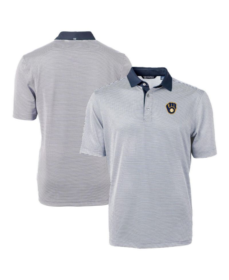 Men's Navy/White Milwaukee Brewers Virtue Eco Pique Micro Stripe Polo Shirt
