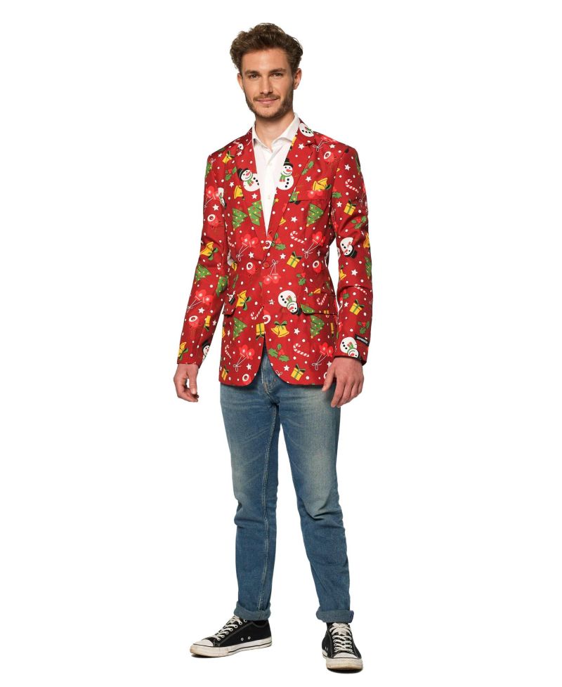 Men's Christmas Blazer - Festive Holiday Light Up X- Mas Jacket - Red with Print