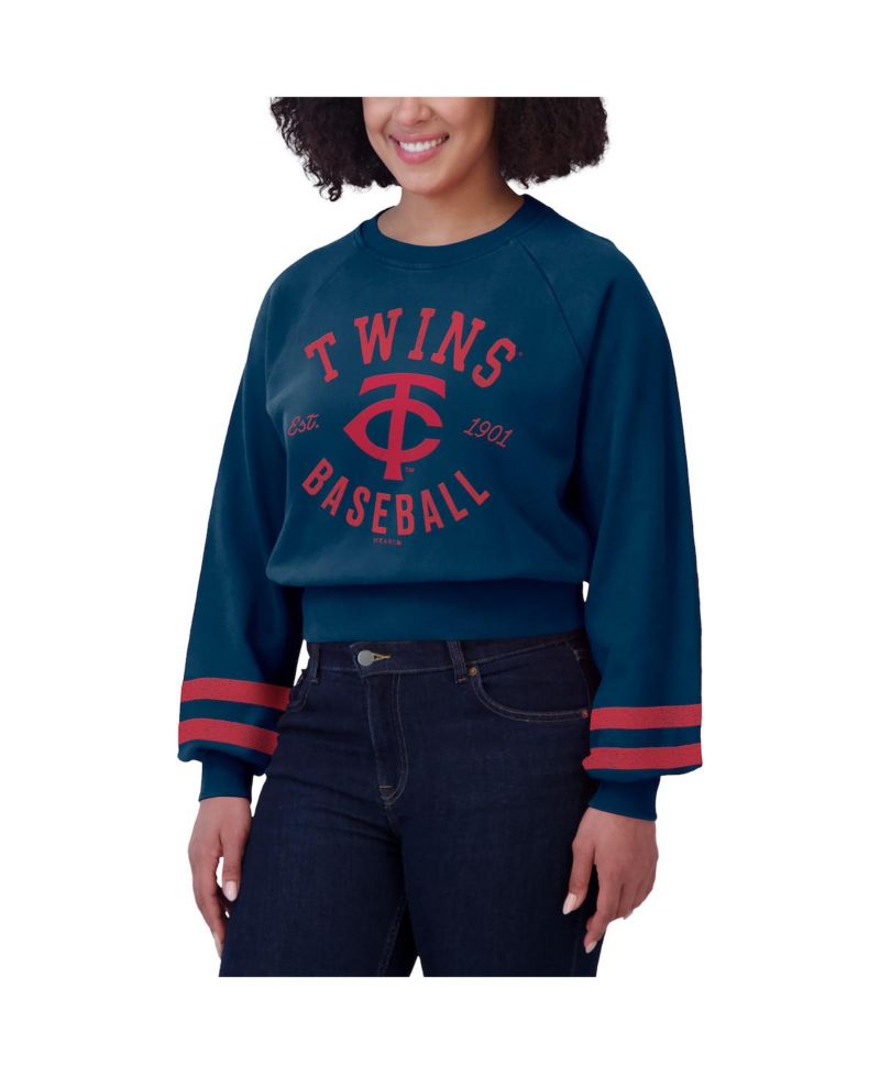 Women's Navy Minnesota Twins Vintage Washed Cropped Pullover Sweatshirt