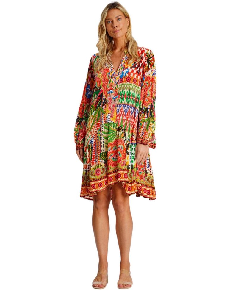 Women's Knee-Length Printed Dress with Long Sleeves and Flowy Skirt
