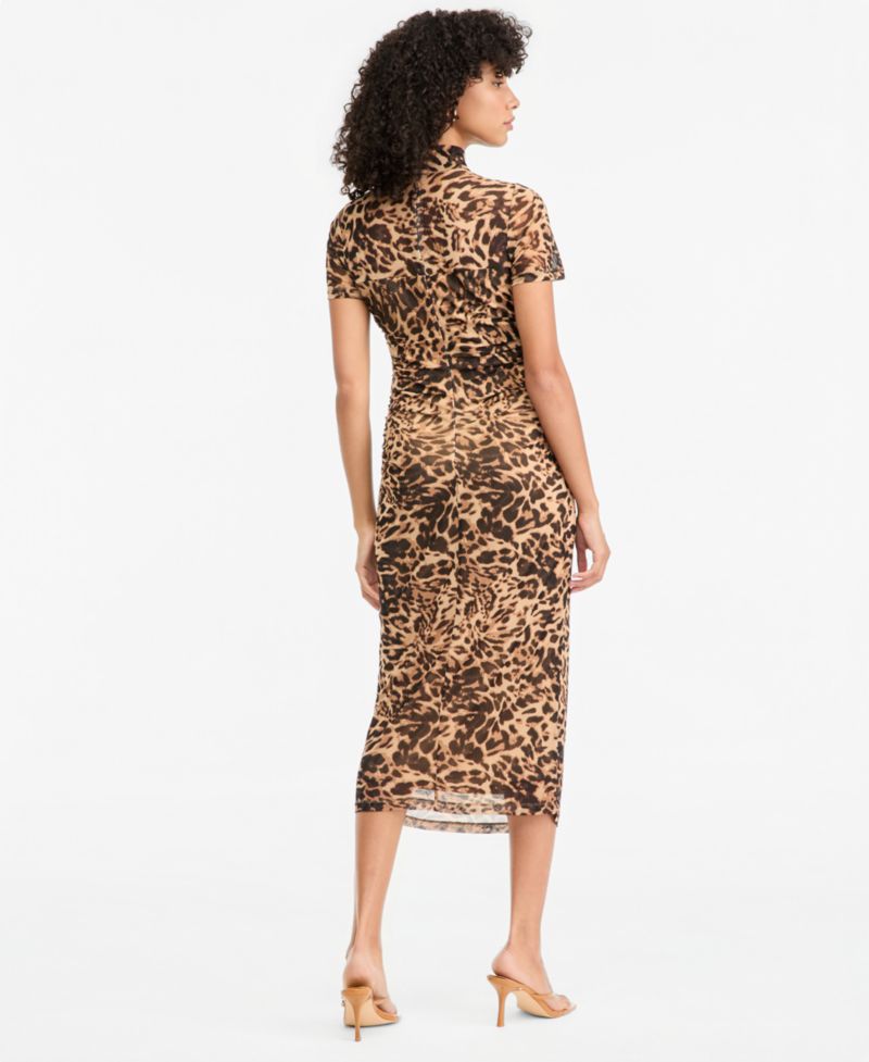 Women's Mock Neck Short-Sleeve Triple Mesh Midi Dress