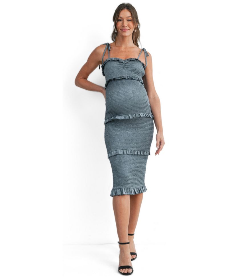 Women's Smocked Bodycon Midi Dress with Ruffle Trim and Tie Straps