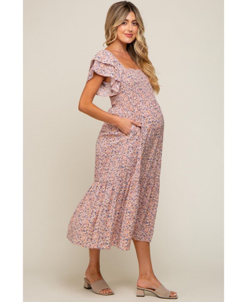 Women's Light Pink Floral Flutter Midi Dress