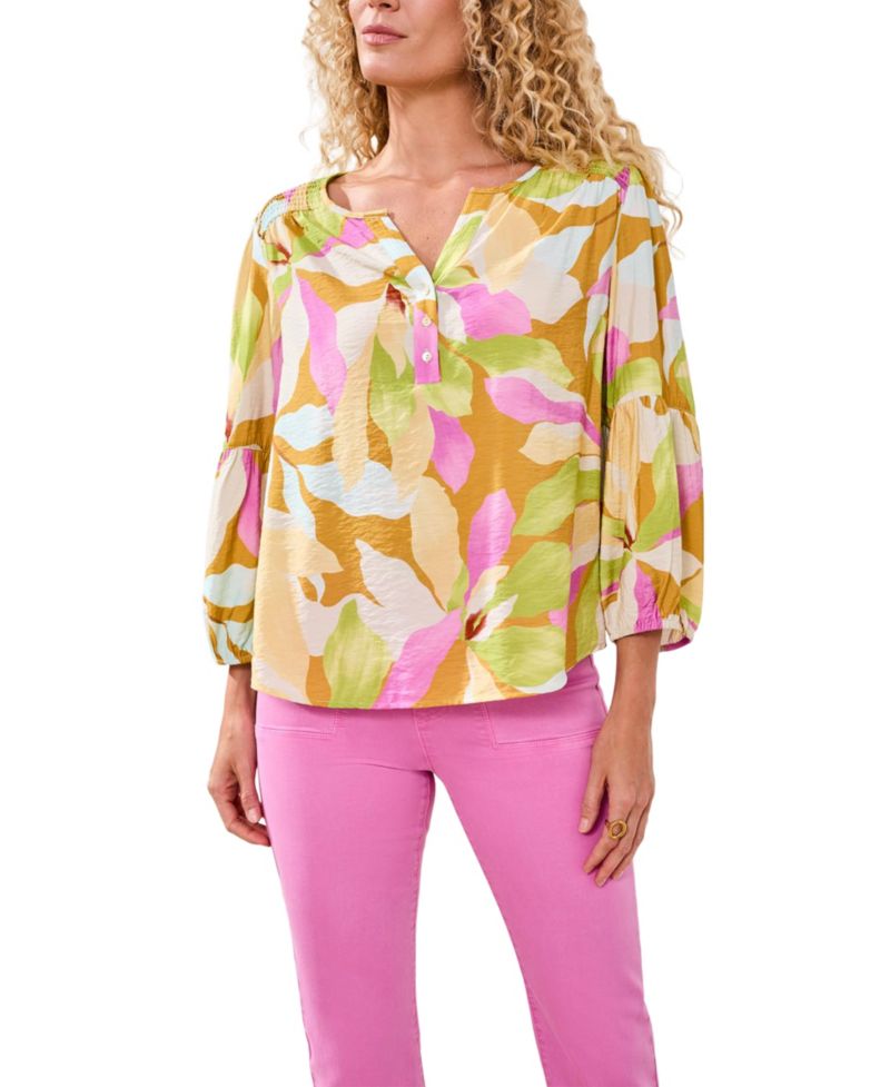 Women's Printed Challis Smocked Yoke Top