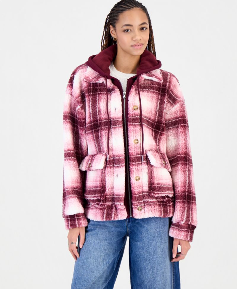 Juniors' Sherpa-Lined Plaid Hooded Shacket