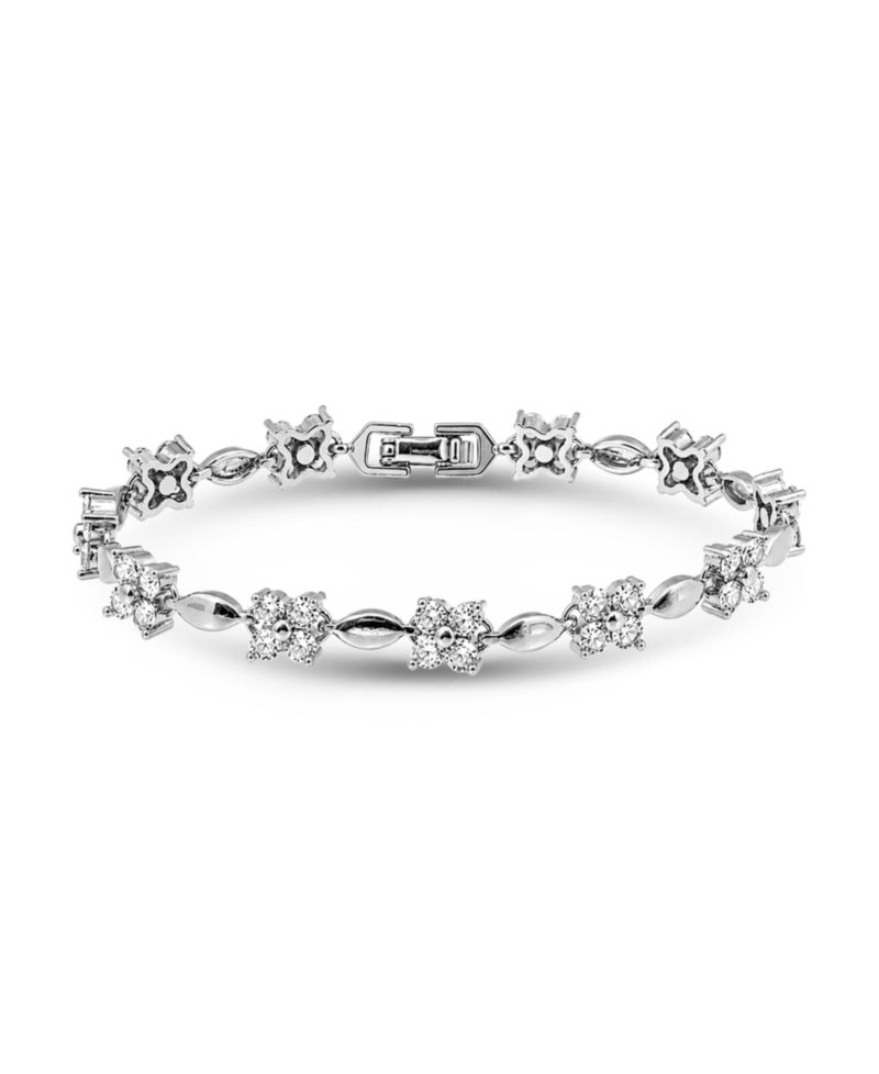 Cubic Zirconia Flower Design Polish Oval Link Bracelet
