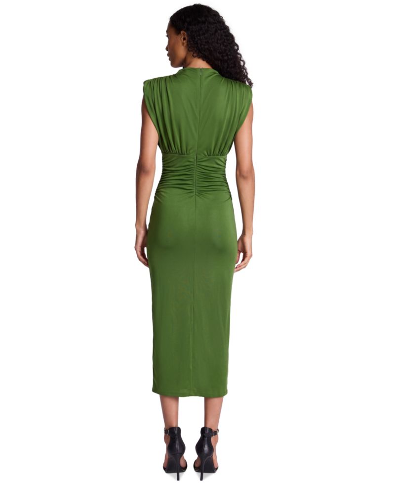 Women's Shoulder Pad Ruched Midi Dress