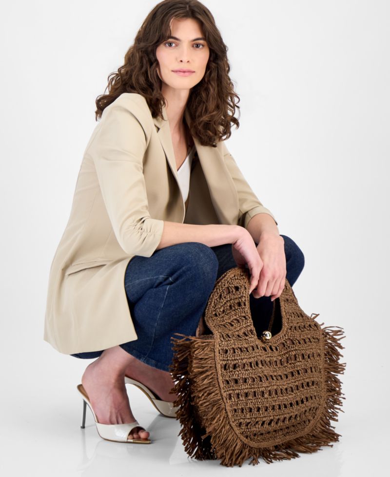 Fringe Trim Straw Tote