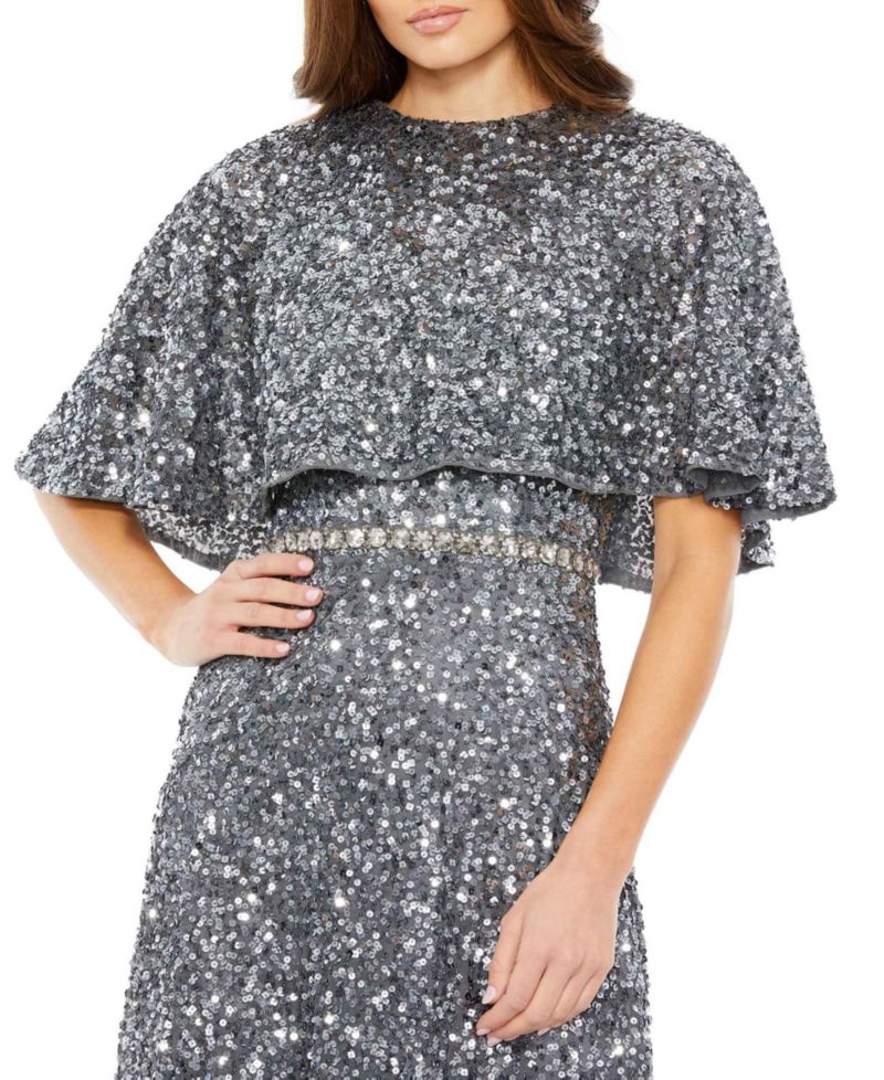 Women's Embellished Cape High Neck Midi Dress