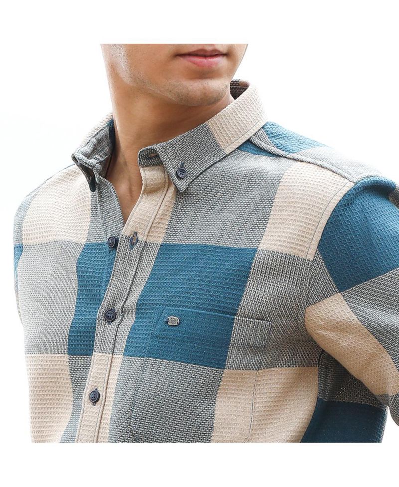 Men's Azure Blue & Off-White Buffalo-Woven Regular Shirt