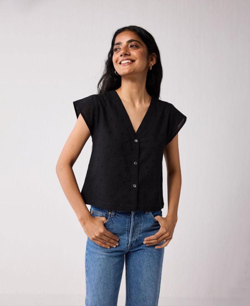 Women's V-Neck Embroidered Top with Front Buttons