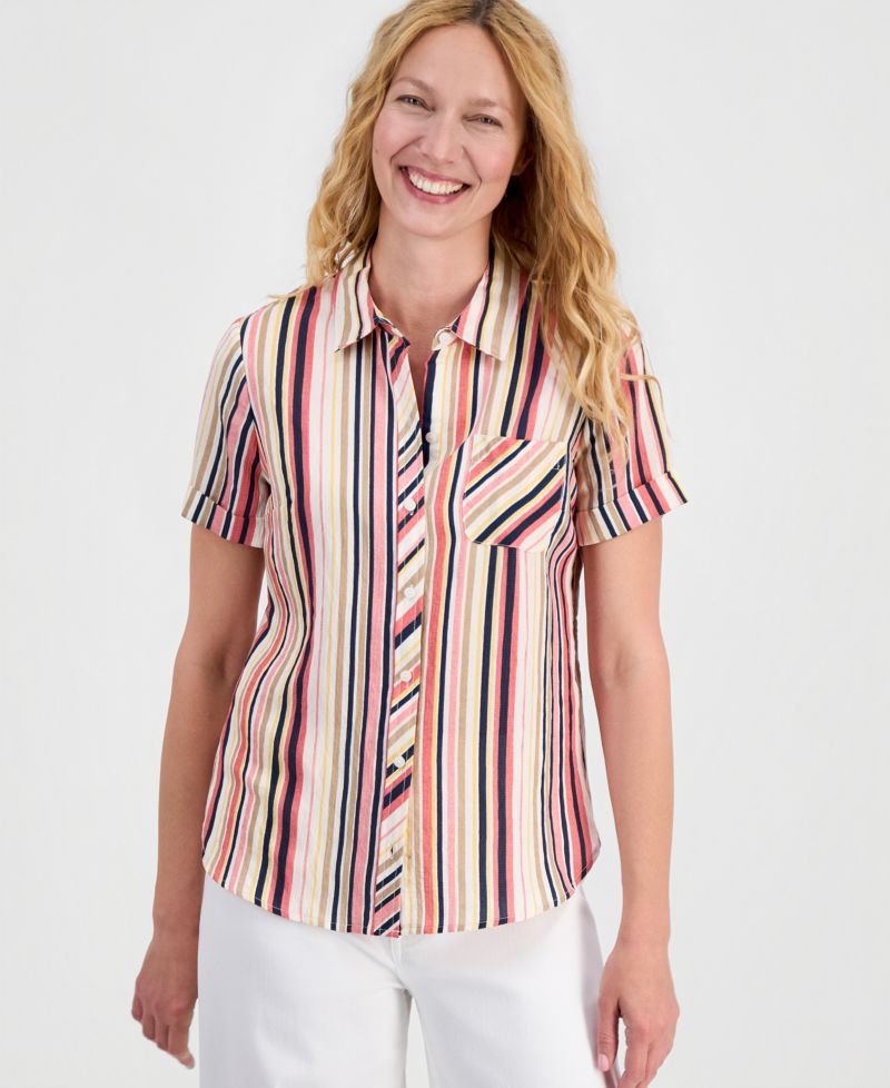 Women's Striped Short-Sleeve Camp Shirt