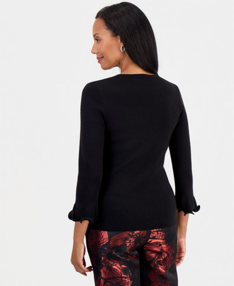 Petite Crew Neck Sculptural Cuff 3/4-Sleeve Sweater