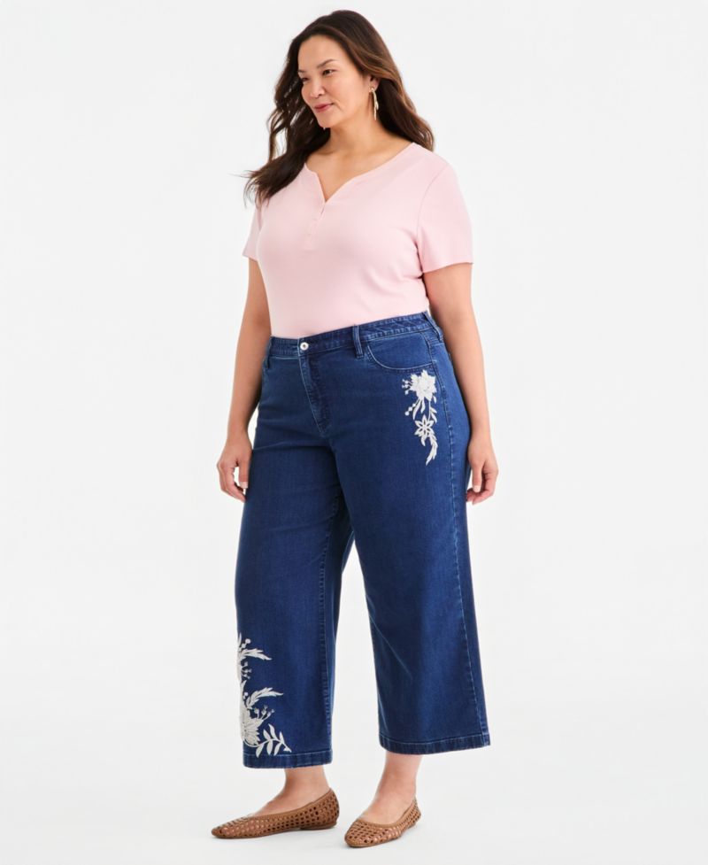 Plus Size High-Rise Wide-Leg Embroidered Ankle Jeans, Macy's Exclusive