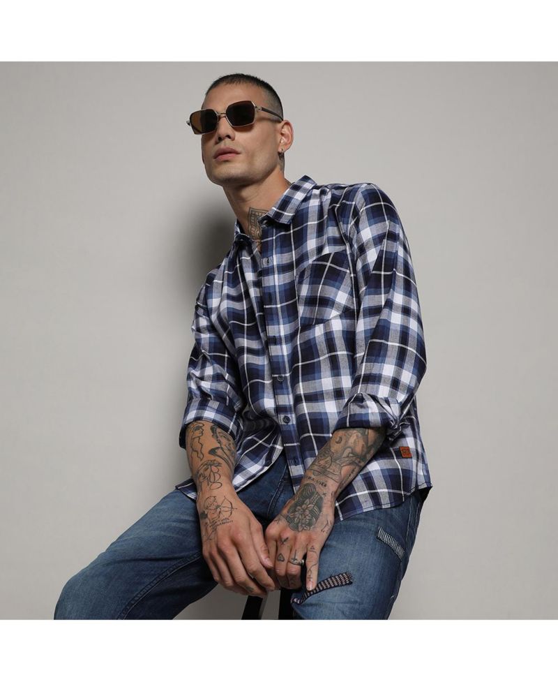 Men's Navy Blue Tartan Plaid Shirt