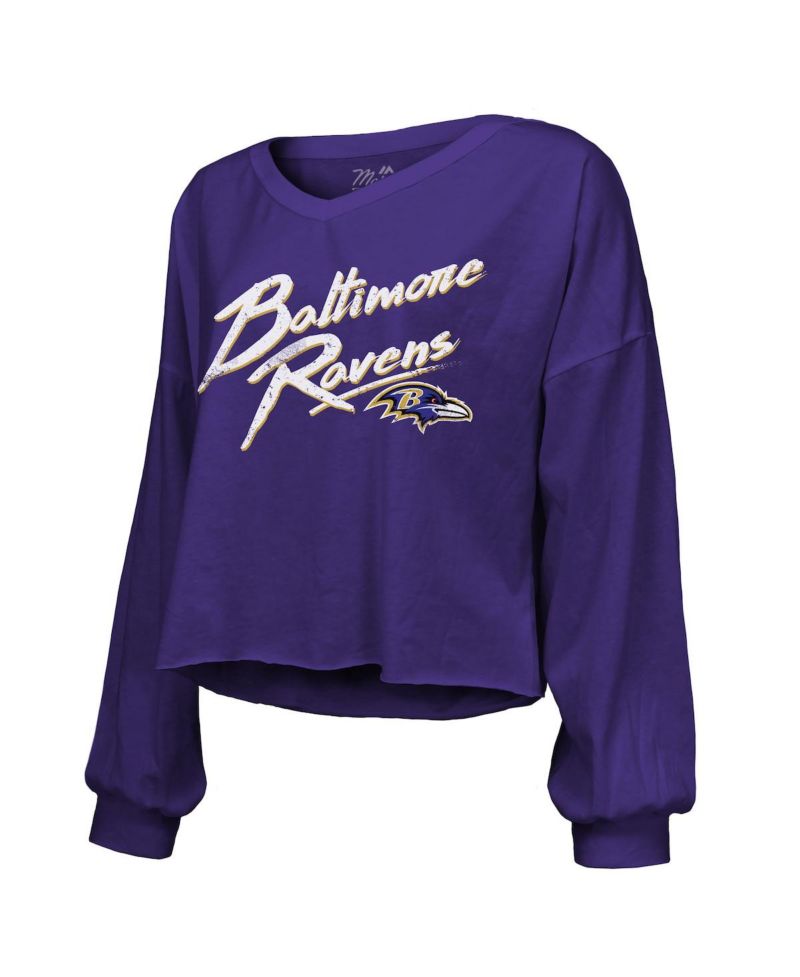 Women's Derrick Henry Purple Baltimore Ravens Name & Number Off-Shoulder Script Cropped Long Sleeve V-Neck T-Shirt