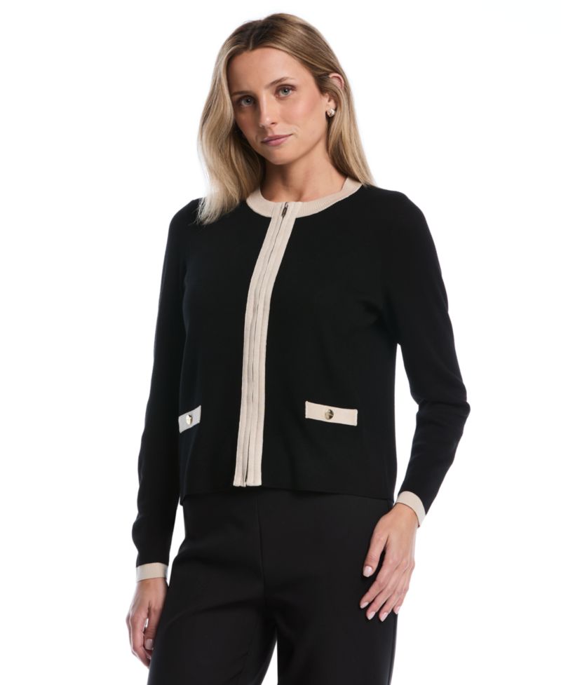 Petite Colorblock Zip-Up Crewneck Cardigan
