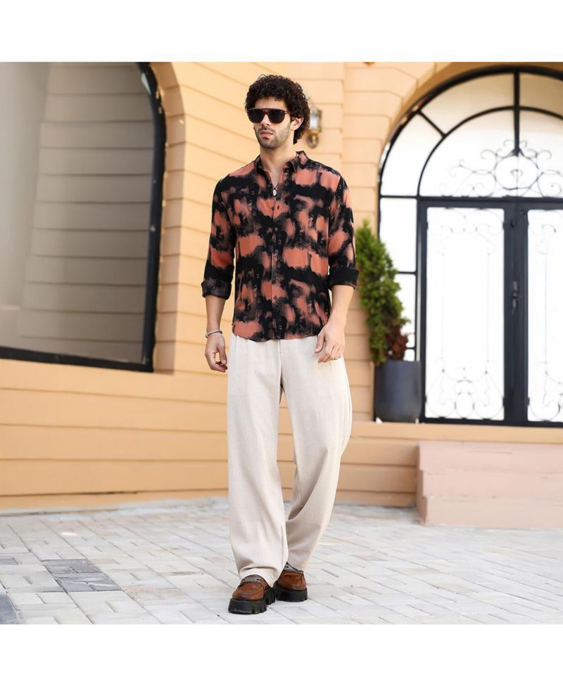 Men's Obsidian Black & Sienna Brown Smudged-Block Regular Shirt