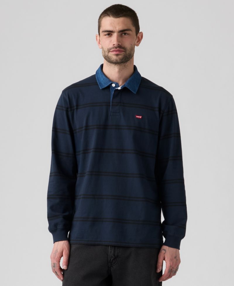 Men's Relaxed-Fit Long Sleeve Striped Rugby Shirt
