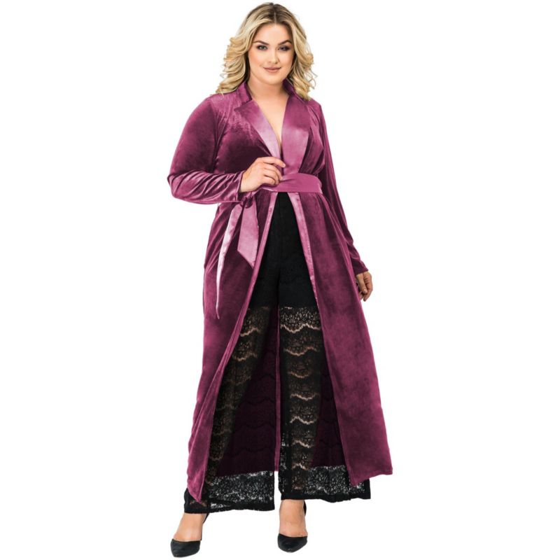 Plus Size Velvet Wrap Satin Belt Long Coat