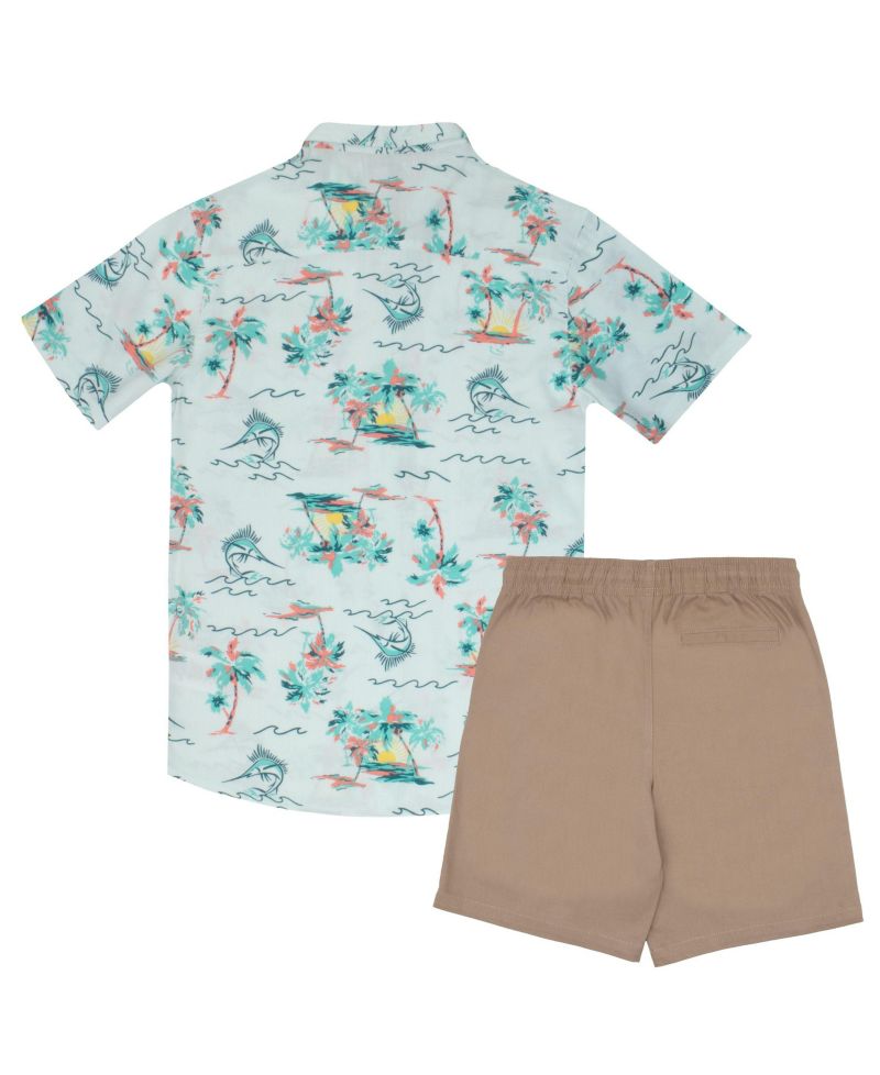 Big Boys Button Down Short Sleeve Hawaiian Elastic Woven Shirt and Short Set