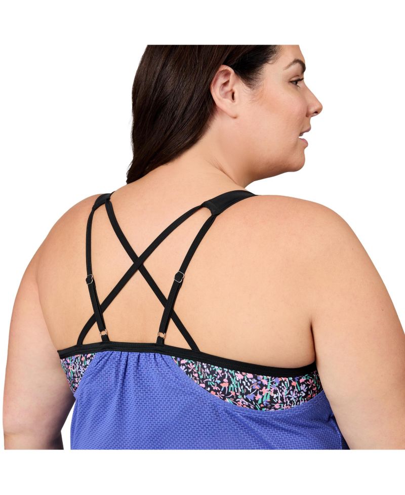 Plus Size Textured Mesh Side Tie Blouson Tankini Top